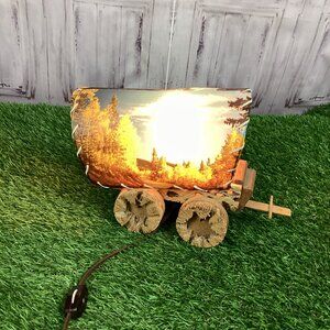 Vintage Western Wood Covered Wagon Lamp With Hitch